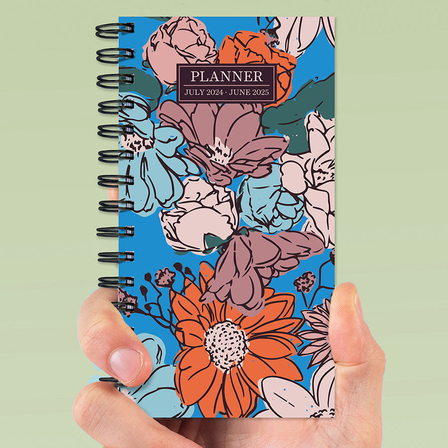 July 2024 - June 2025 True Blue Flowers Small Weekly Monthly Planner
