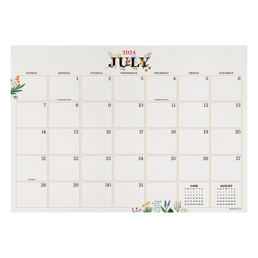 July 2024 - June 2025 Floral Medium Desk Pad Monthly Blotter Calendar