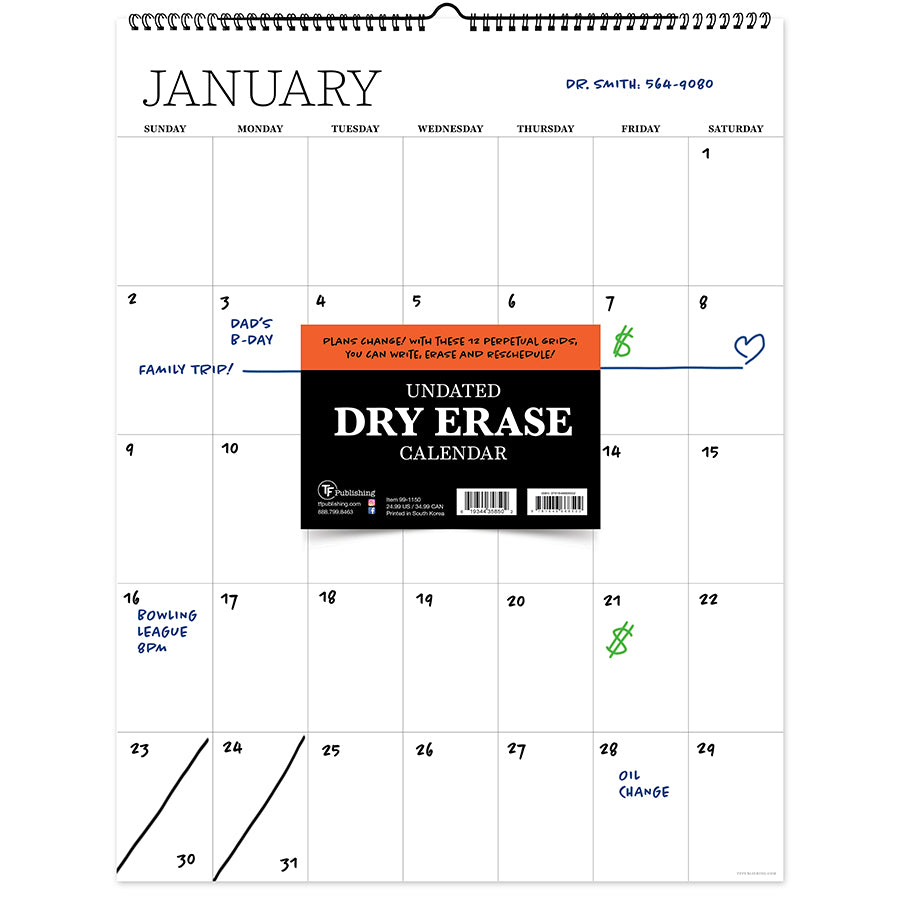 Undated 17" x 22" Dry Erase Large Wire-o Hanging Wall Calendar | TF  Publishing | Calendars + Planners - Journals + Stationery