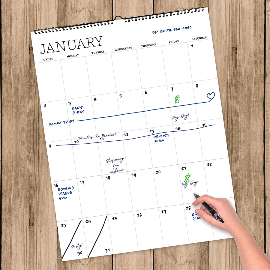Undated 17" x 22" Dry Erase Large Wire-o Hanging Wall Calendar