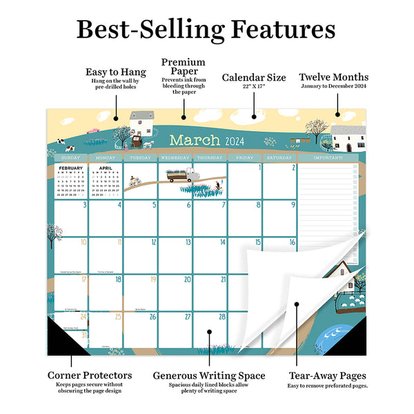 2024 Folk Love Large Desk Pad Monthly Blotter Calendar