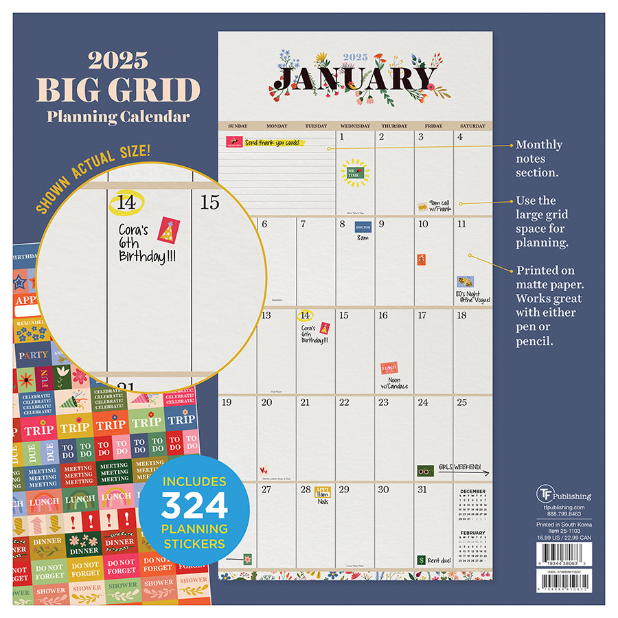 2025 Big GridFloral Wall Calendar TF Publishing Calendars