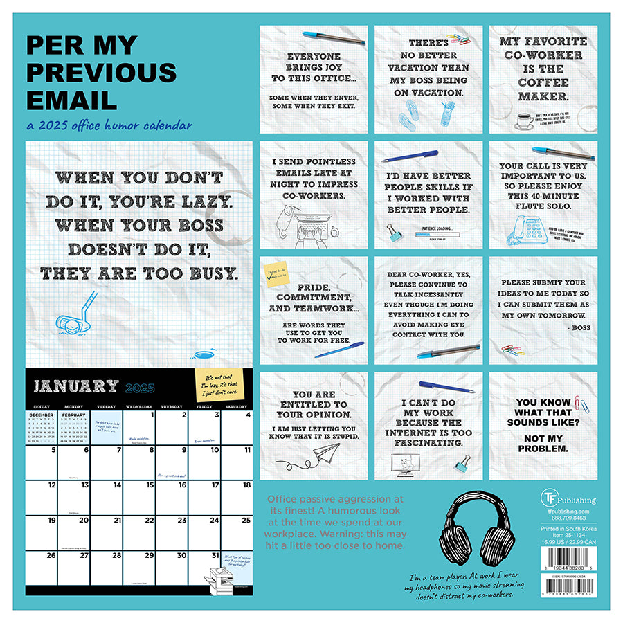 2025 Per My Previous Email Wall Calendar TF Publishing Calendars