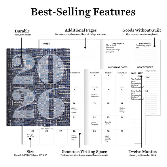 2026 Basket Weave Blue Medium Monthly Planner