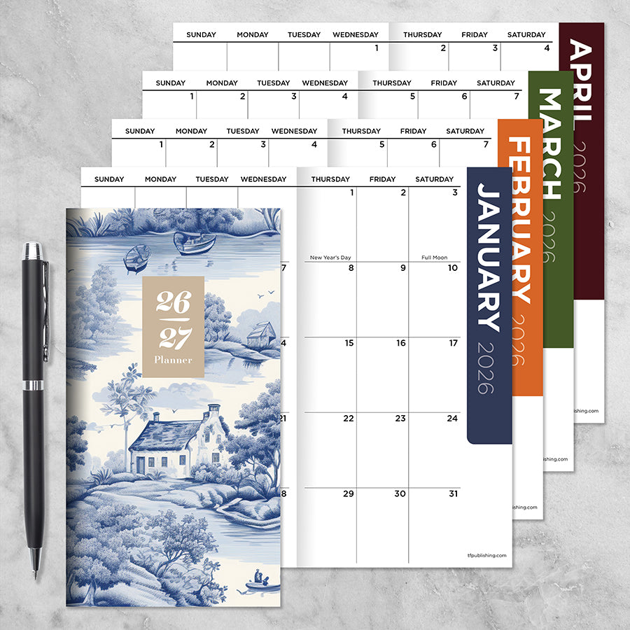 2026-2027 Blue Toile Small Monthly Pocket Planner - 0