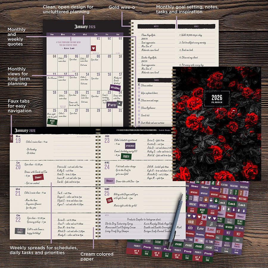 2026 Red Roses Large Weekly Monthly Planner - 0