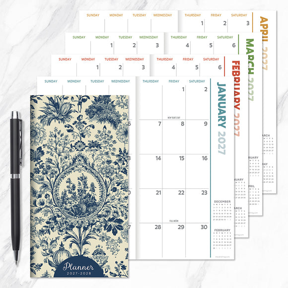2027-2028 Blue Toile Small Monthly Pocket Planner