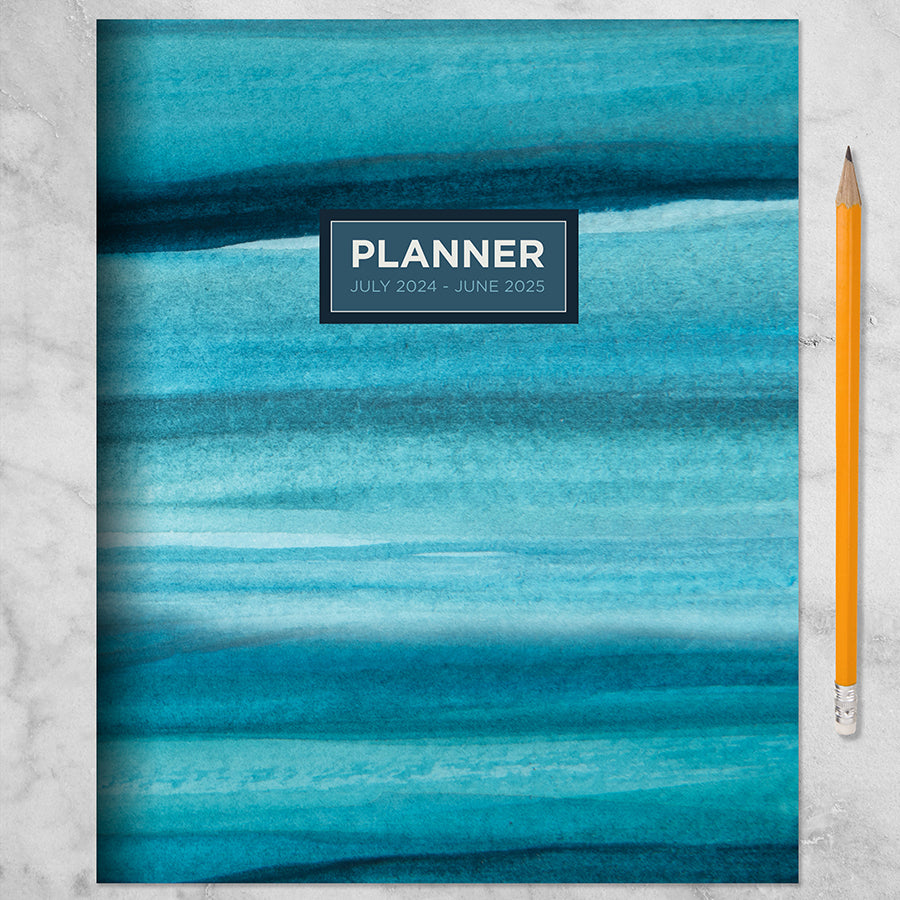 July 2024 - June 2025 Blue Watercolor Medium Monthly Planner
