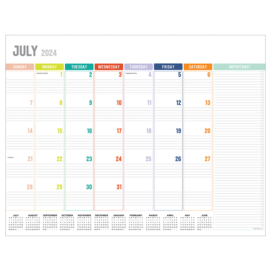 July 2024 - June 2025 Rainbow Blocks Large Desk Pad Monthly Blotter Calendar