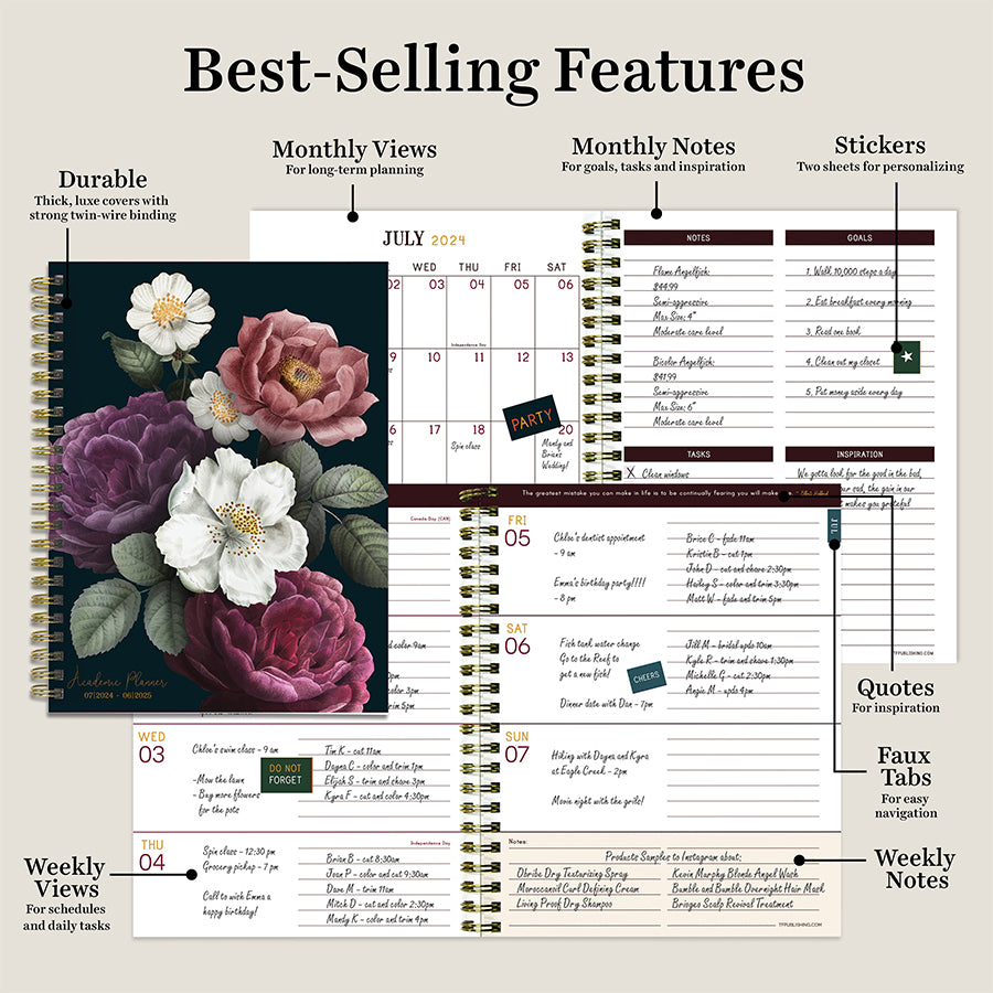 July 2024 - June 2025 Peony and Petals Medium Weekly Monthly Planner