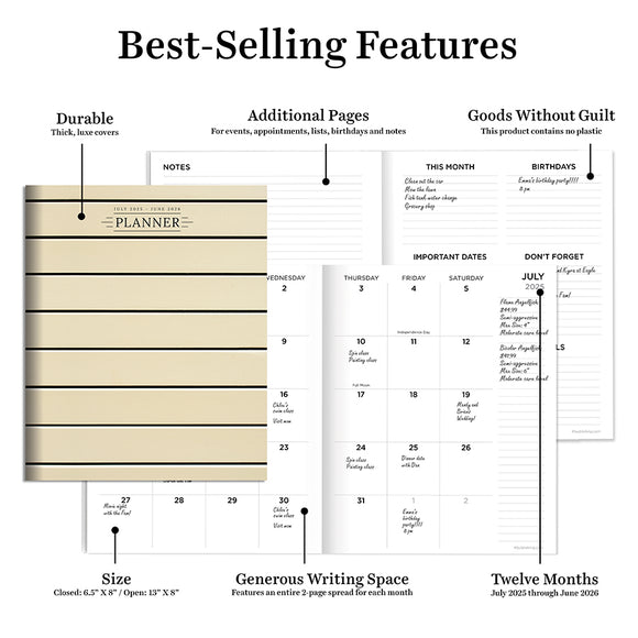 July 2025 - June 2026 Ebony and Ivory Medium Monthly Planner
