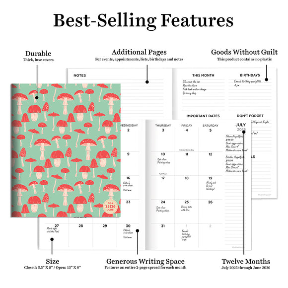 July 2025 - June 2026 Magic Mushroom Medium Monthly Planner