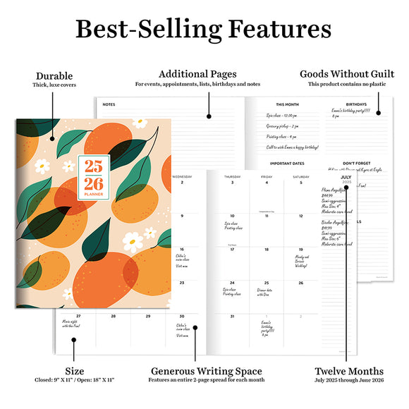 July 2025 - June 2026 Oranges and Peaches Large Monthly Planner