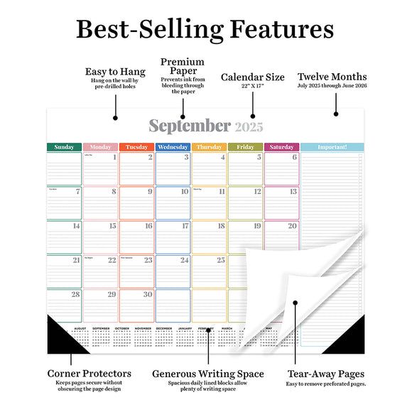 July 2025 - June 2026 Rainbow Blocks Large Desk Pad Monthly Blotter Calendar