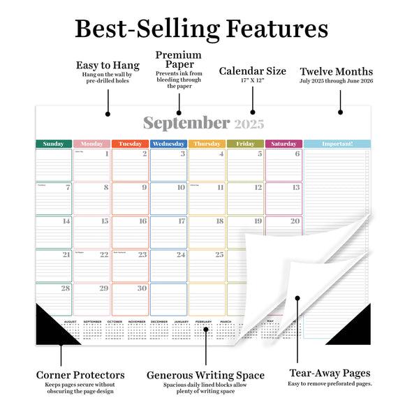 July 2025 - June 2026 Rainbow Blocks Medium Desk Pad Monthly Blotter Calendar