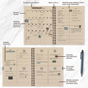 Spiral-bound planner with monthly and weekly views