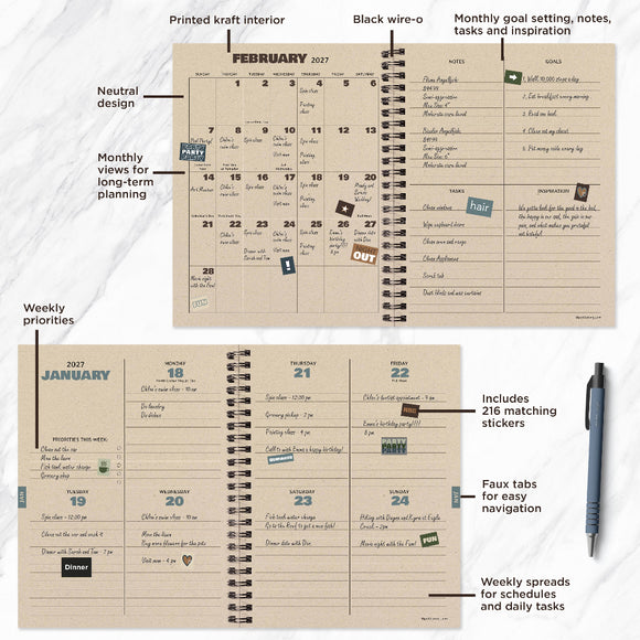 Spiral-bound planner with monthly and weekly views