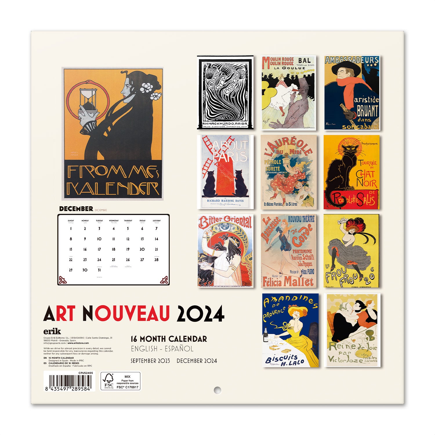 Bilingual 2024 Art Nouveau Wall Calendar