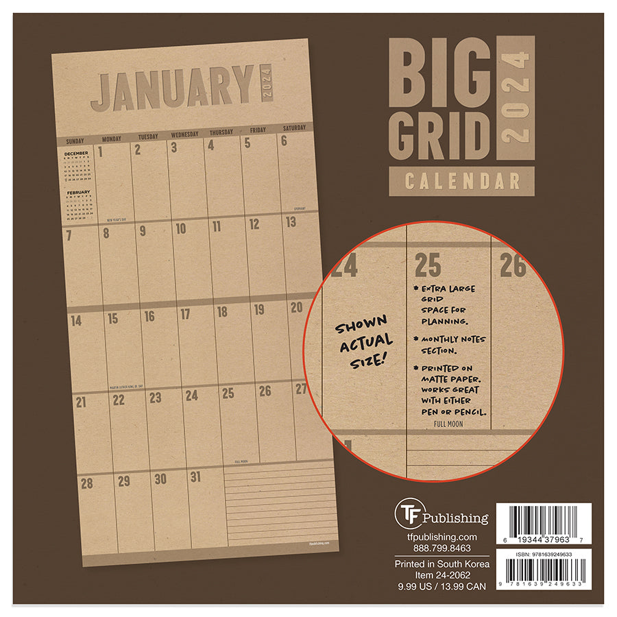 2024 big grid-kraft mini calendar | tf publishing | calendars + planners -  journals + stationery