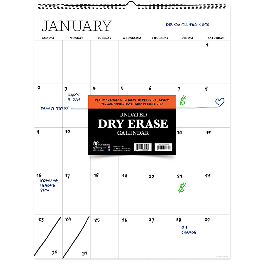Undated 17" x 22" Dry Erase Large Wire-o Hanging Wall Calendar-1